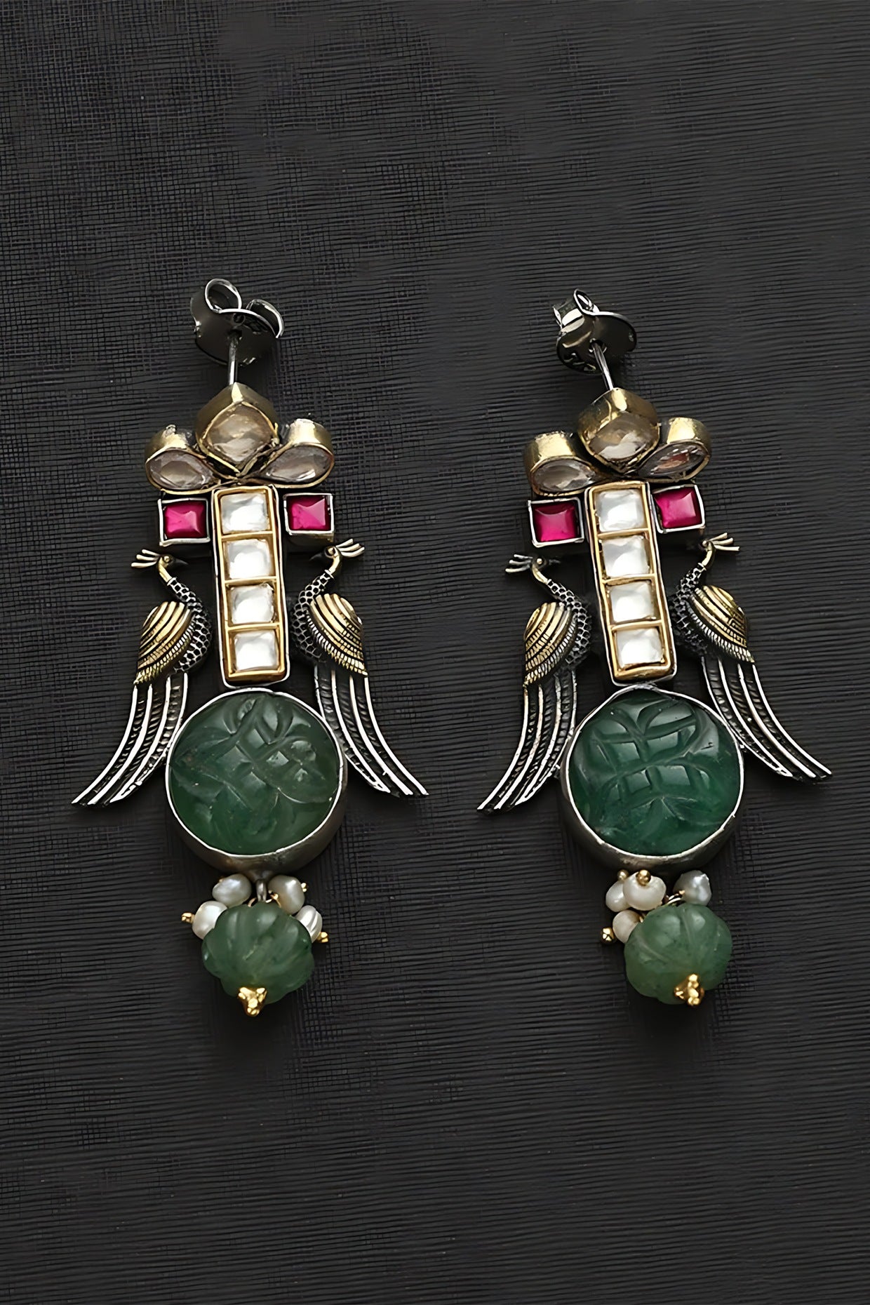 Two Tone Finish Multi-Colored Stone & Kundan Polki Temple Dangler Earrings In Sterling Silver