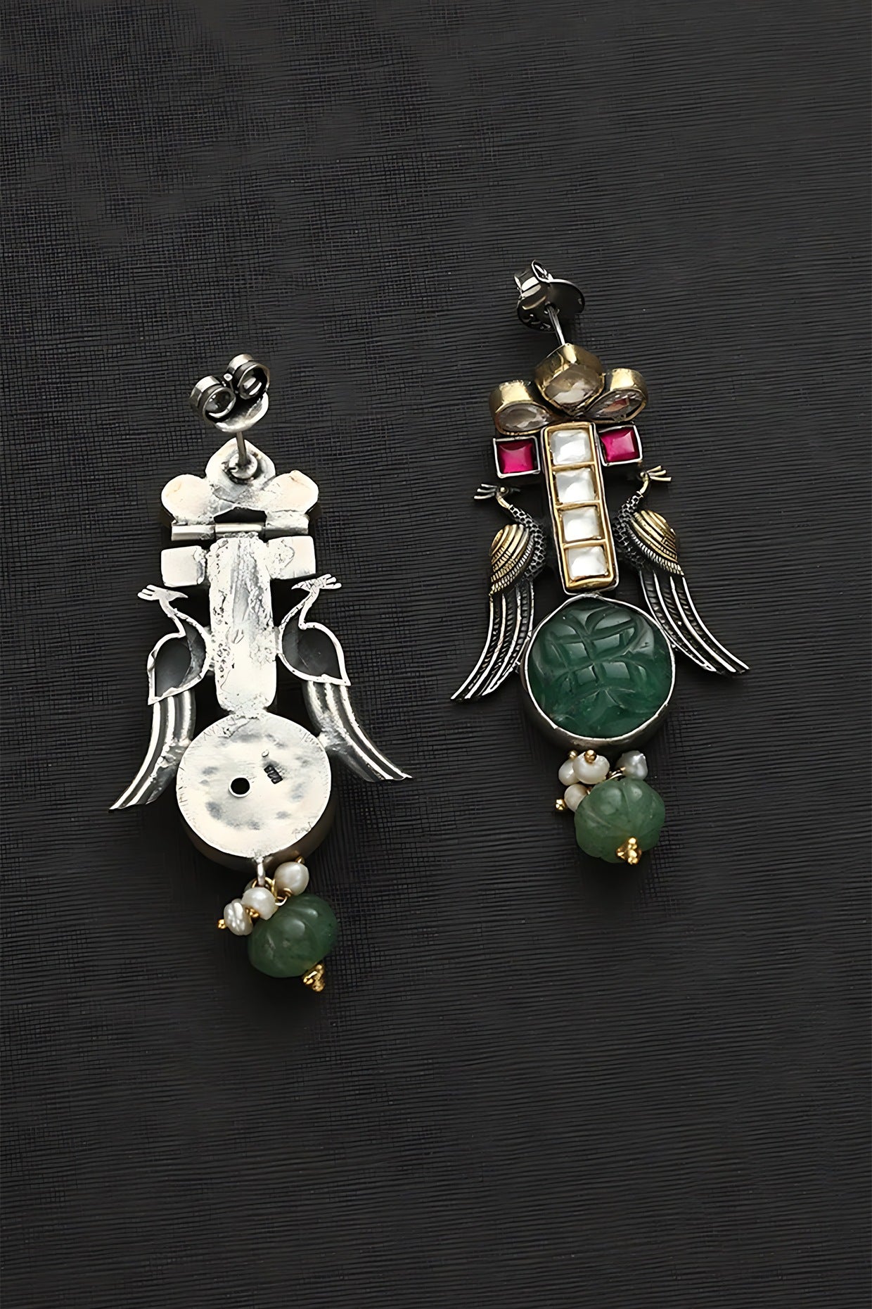 Two Tone Finish Multi-Colored Stone & Kundan Polki Temple Dangler Earrings In Sterling Silver