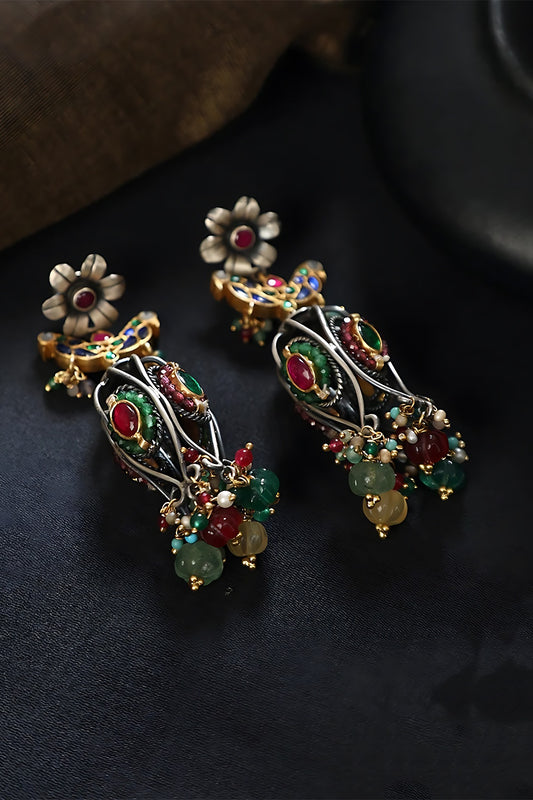 Two Tone Finish Multi-Colored Stone & Kundan Polki Temple Dangler Earrings In Sterling Silver