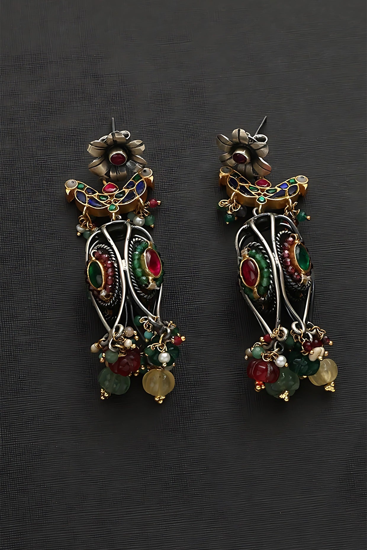 Two Tone Finish Multi-Colored Stone & Kundan Polki Temple Dangler Earrings In Sterling Silver