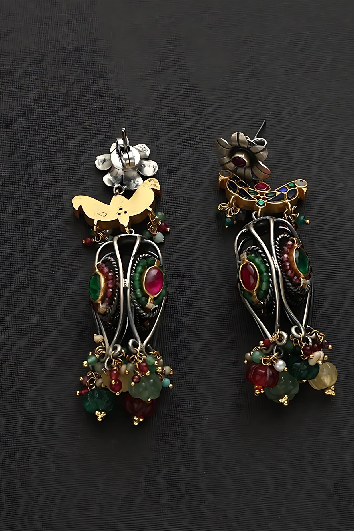 Two Tone Finish Multi-Colored Stone & Kundan Polki Temple Dangler Earrings In Sterling Silver