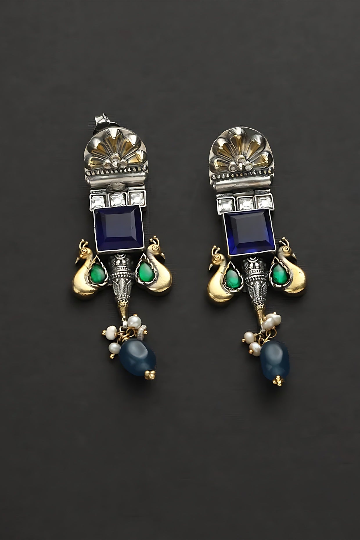 Two Tone Finish Blue Onyx & Kundan Polki Peacock Temple Dangler Earrings In Sterling Silver