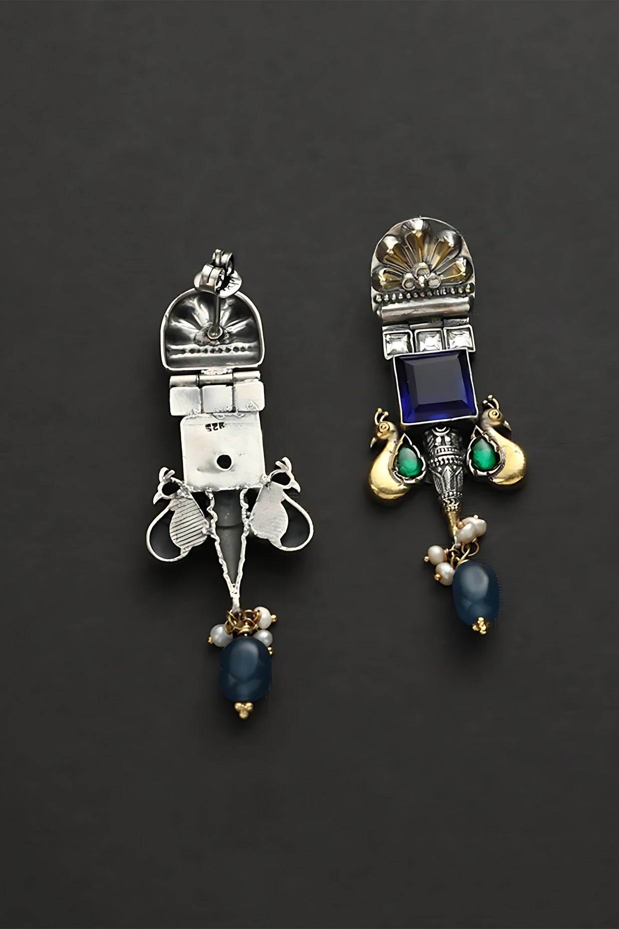 Two Tone Finish Blue Onyx & Kundan Polki Peacock Temple Dangler Earrings In Sterling Silver