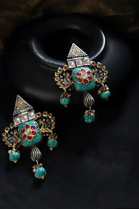 Two Tone Finish Multi-Colored Stone & Kundan Polki Temple Earrings In Sterling Silver