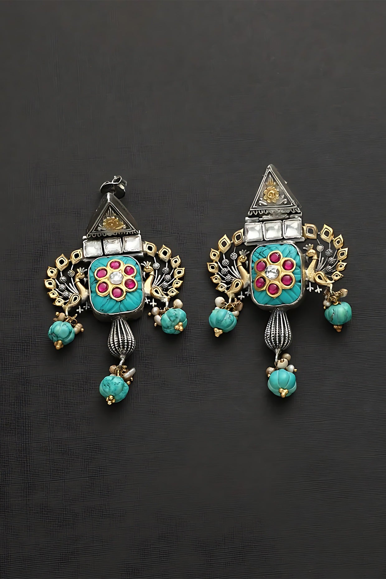 Two Tone Finish Multi-Colored Stone & Kundan Polki Temple Earrings In Sterling Silver