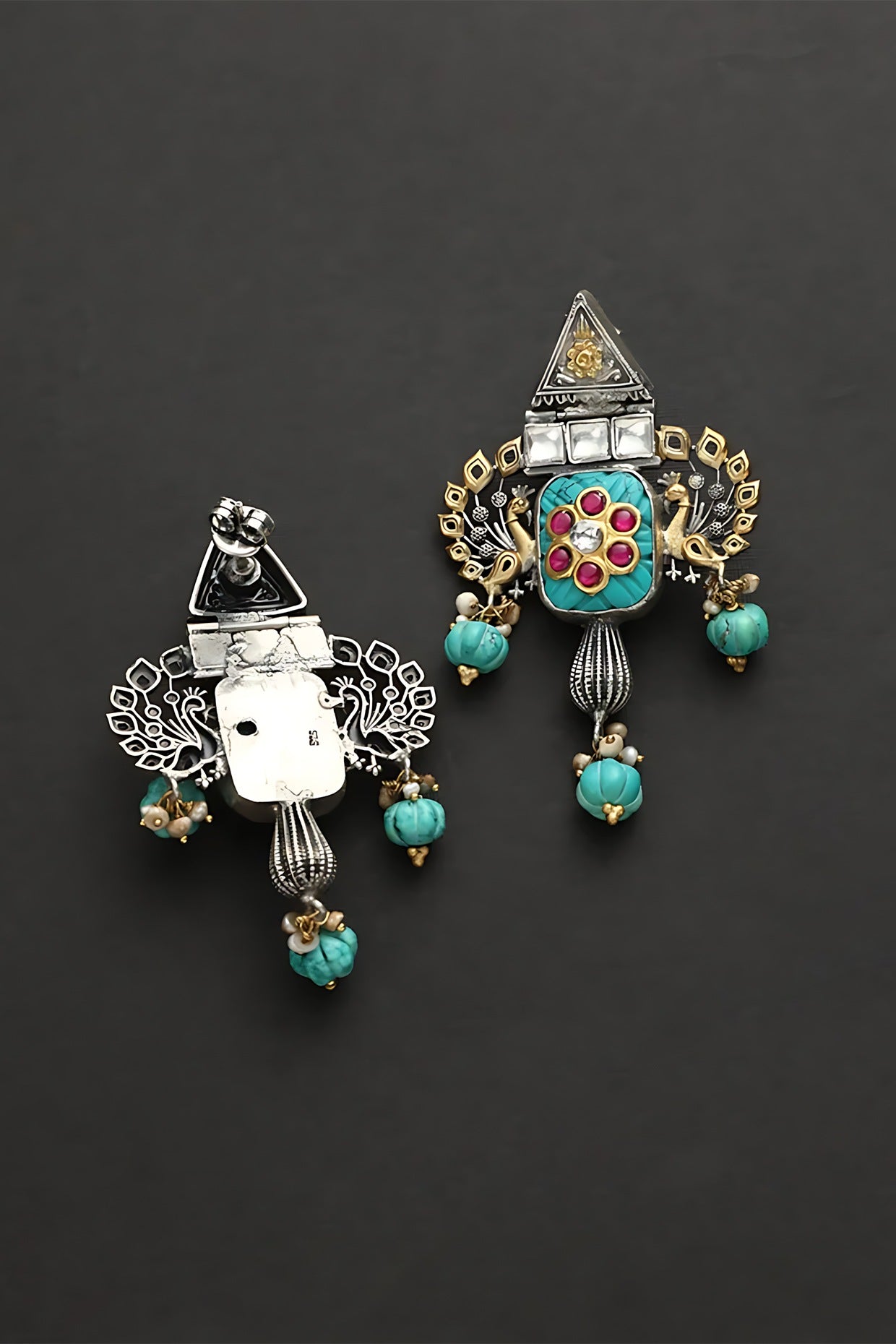 Two Tone Finish Multi-Colored Stone & Kundan Polki Temple Earrings In Sterling Silver