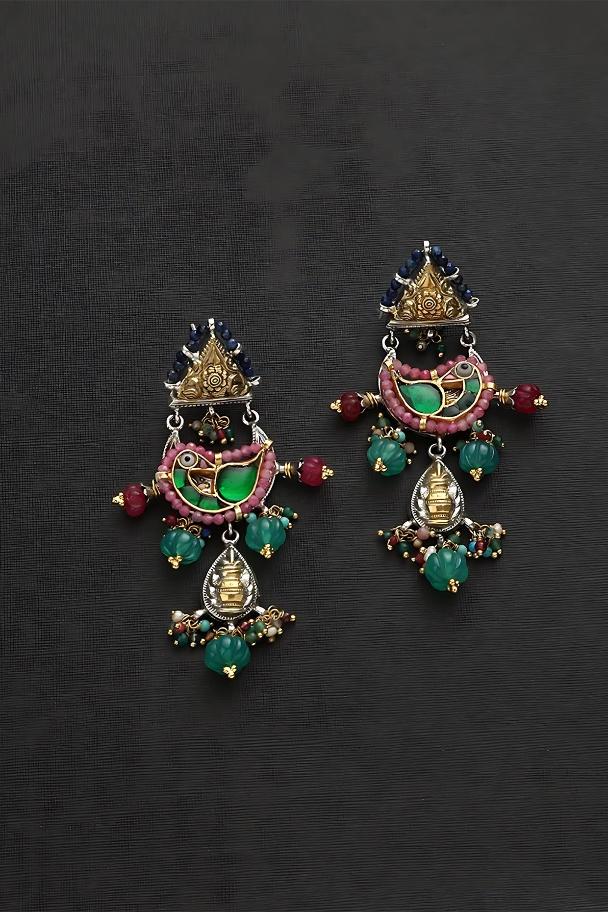 Two Tone Finish Multi-Colored Stone & Kundan Polki Bird Temple Dangler Earrings In Sterling Silver