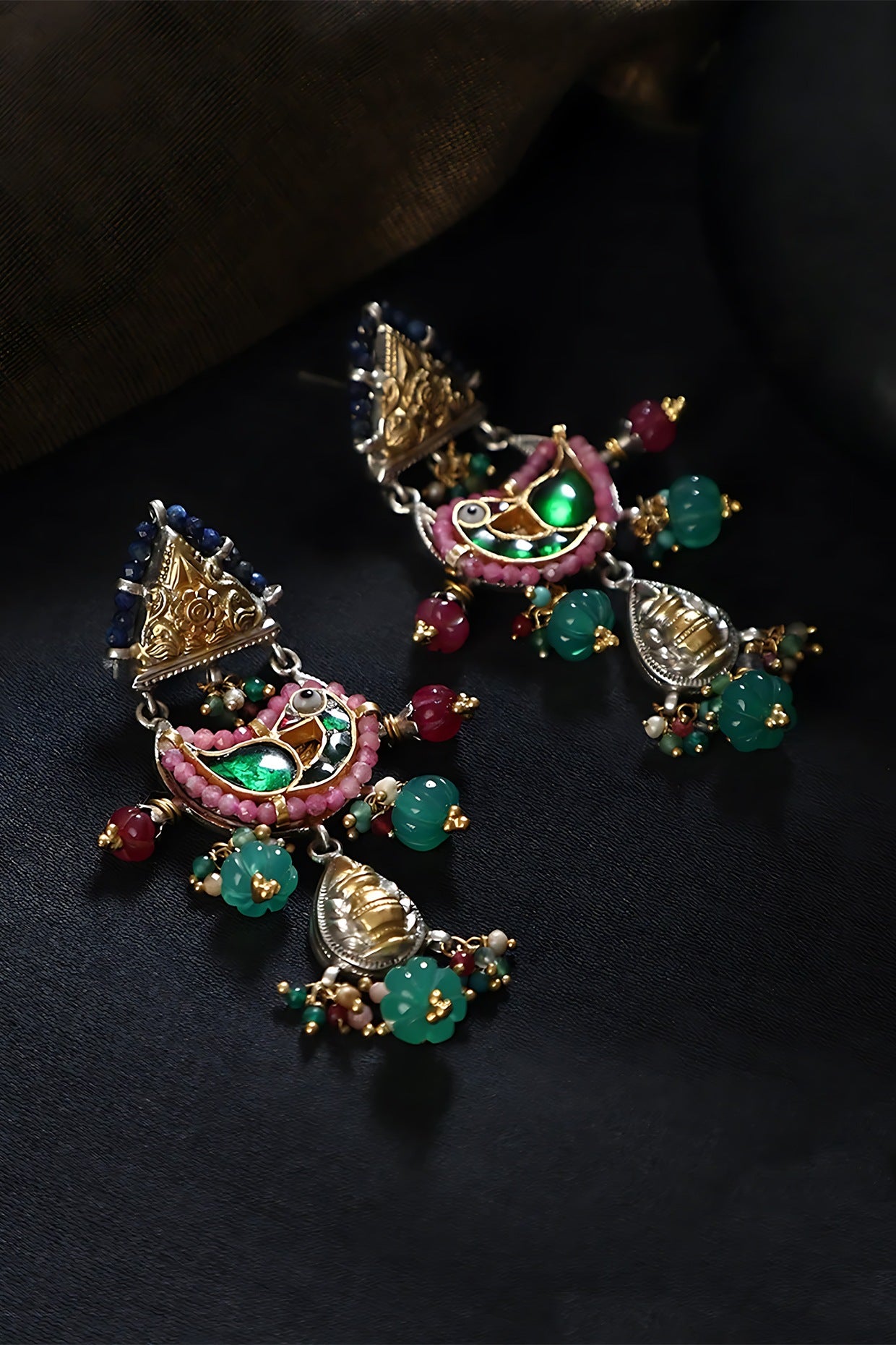 Two Tone Finish Multi-Colored Stone & Kundan Polki Bird Temple Dangler Earrings In Sterling Silver