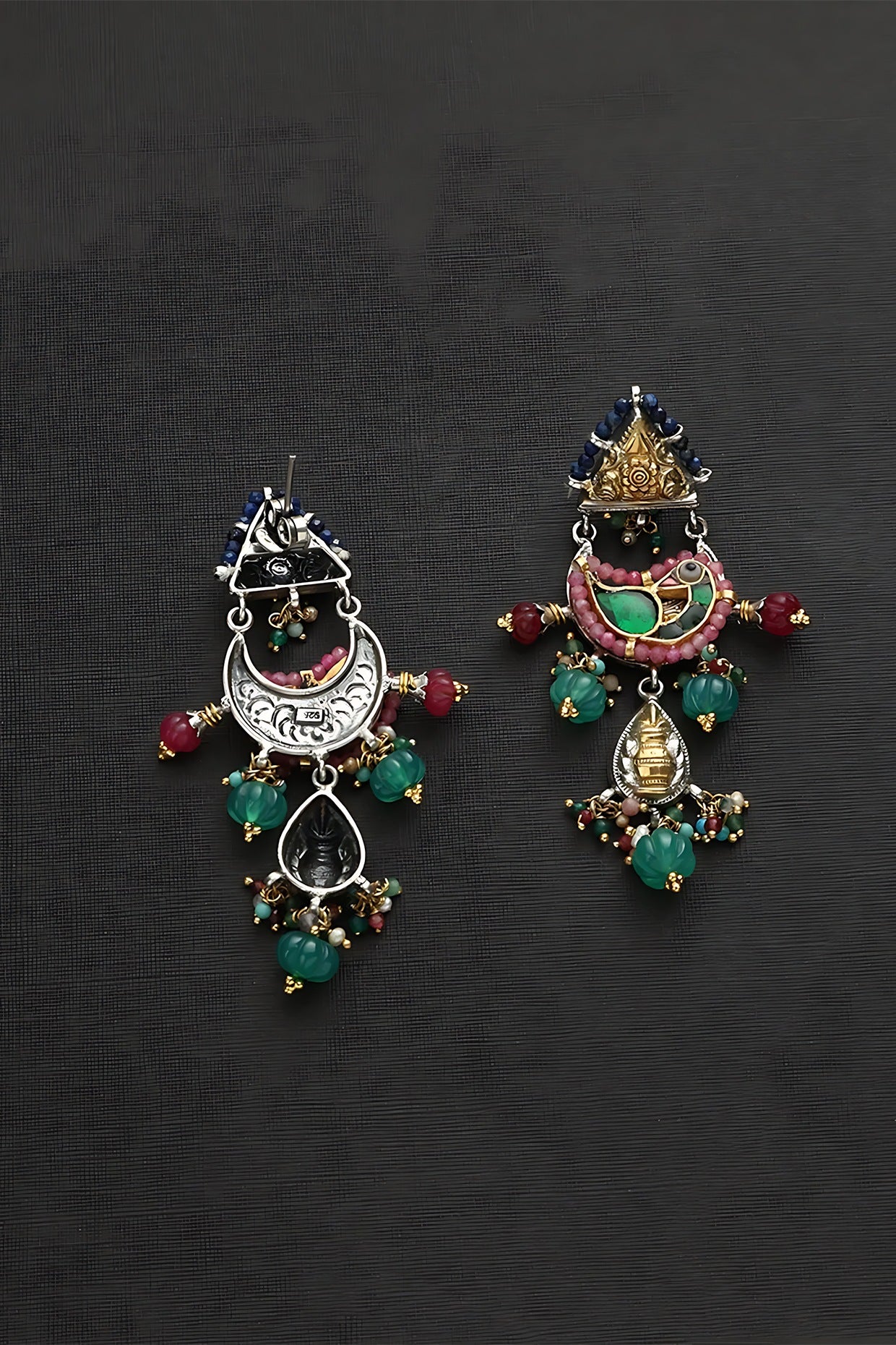 Two Tone Finish Multi-Colored Stone & Kundan Polki Bird Temple Dangler Earrings In Sterling Silver