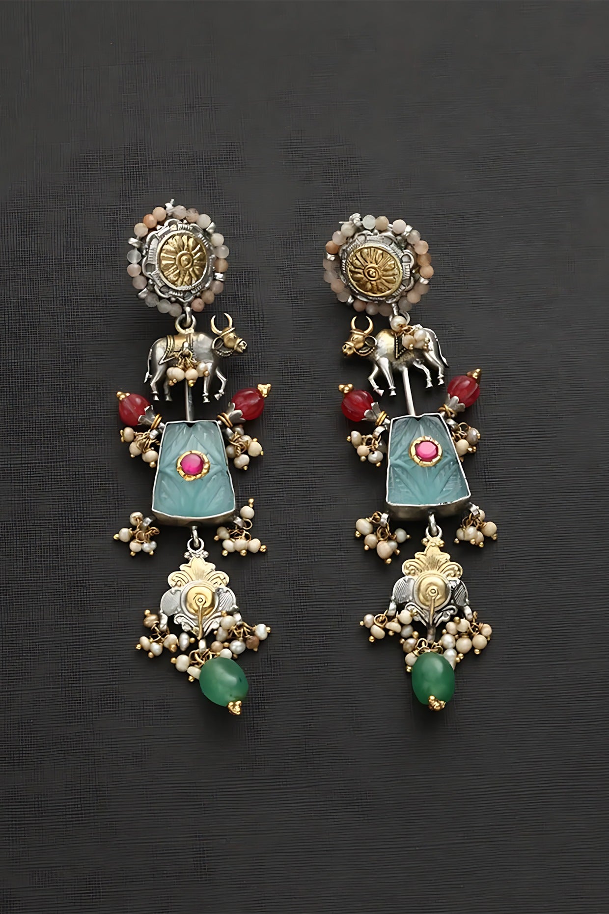 Two Tone Finish Multi-Colored Stone & Kundan Polki Temple Dangler Earrings In Sterling Silver