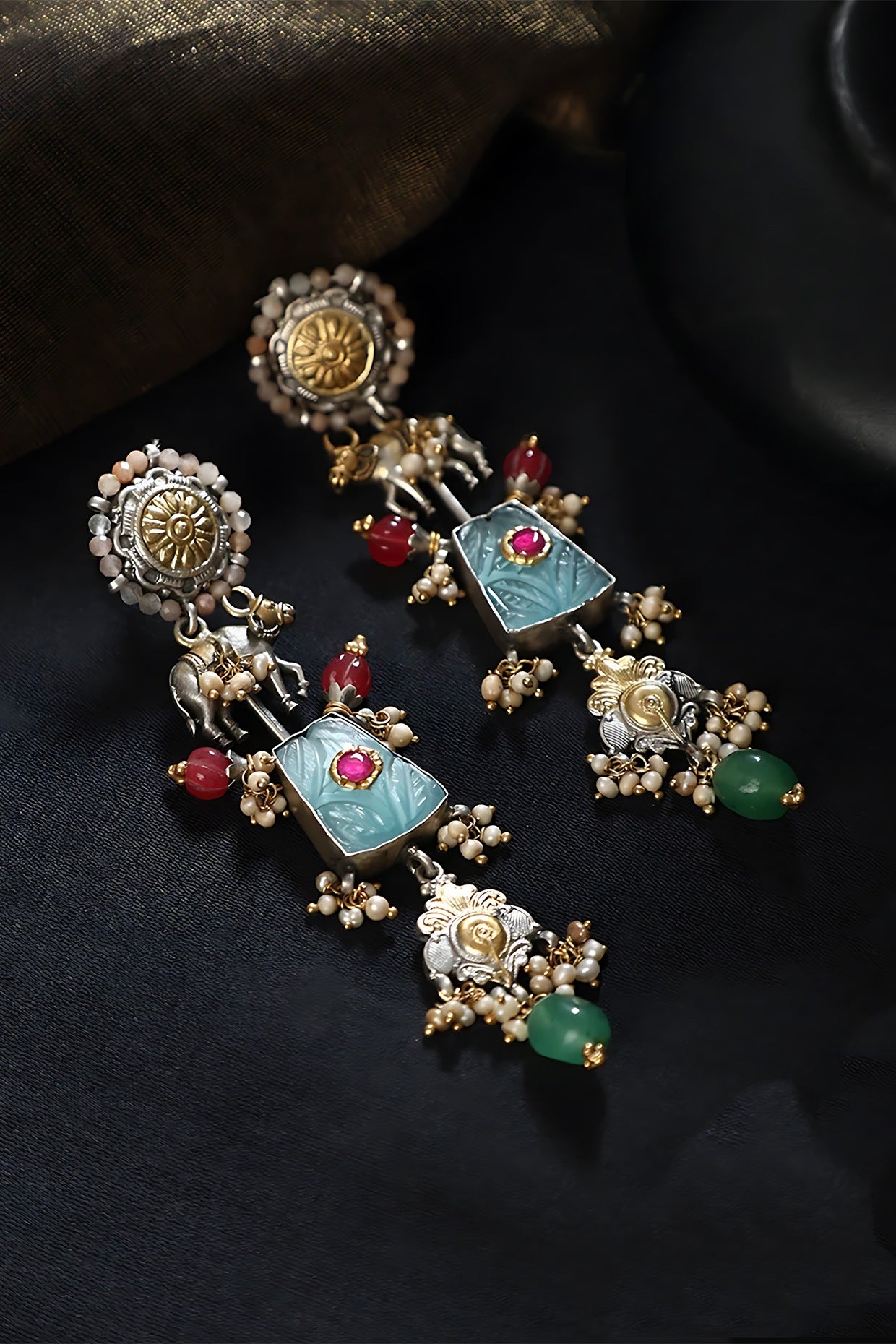 Two Tone Finish Multi-Colored Stone & Kundan Polki Temple Dangler Earrings In Sterling Silver