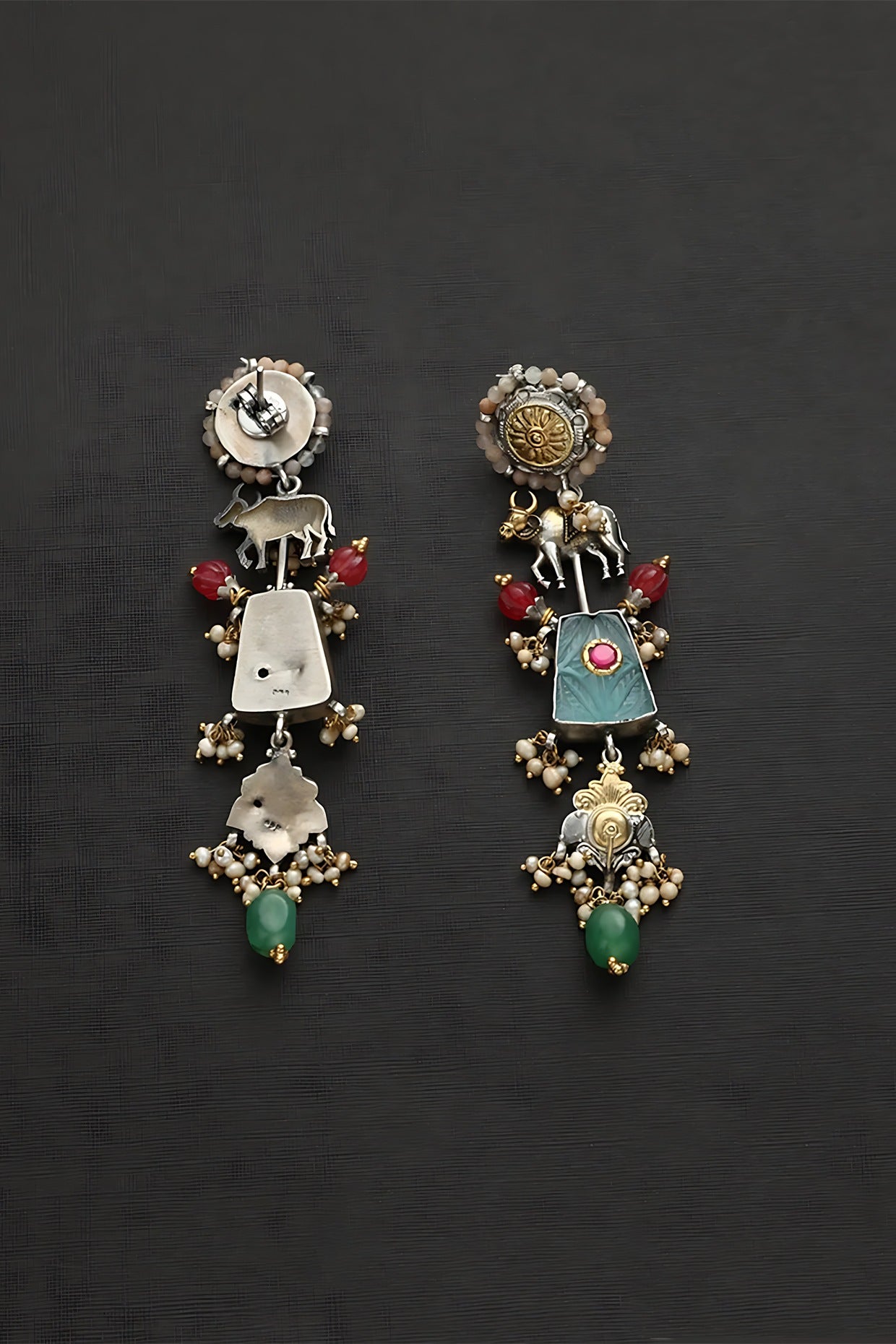 Two Tone Finish Multi-Colored Stone & Kundan Polki Temple Dangler Earrings In Sterling Silver