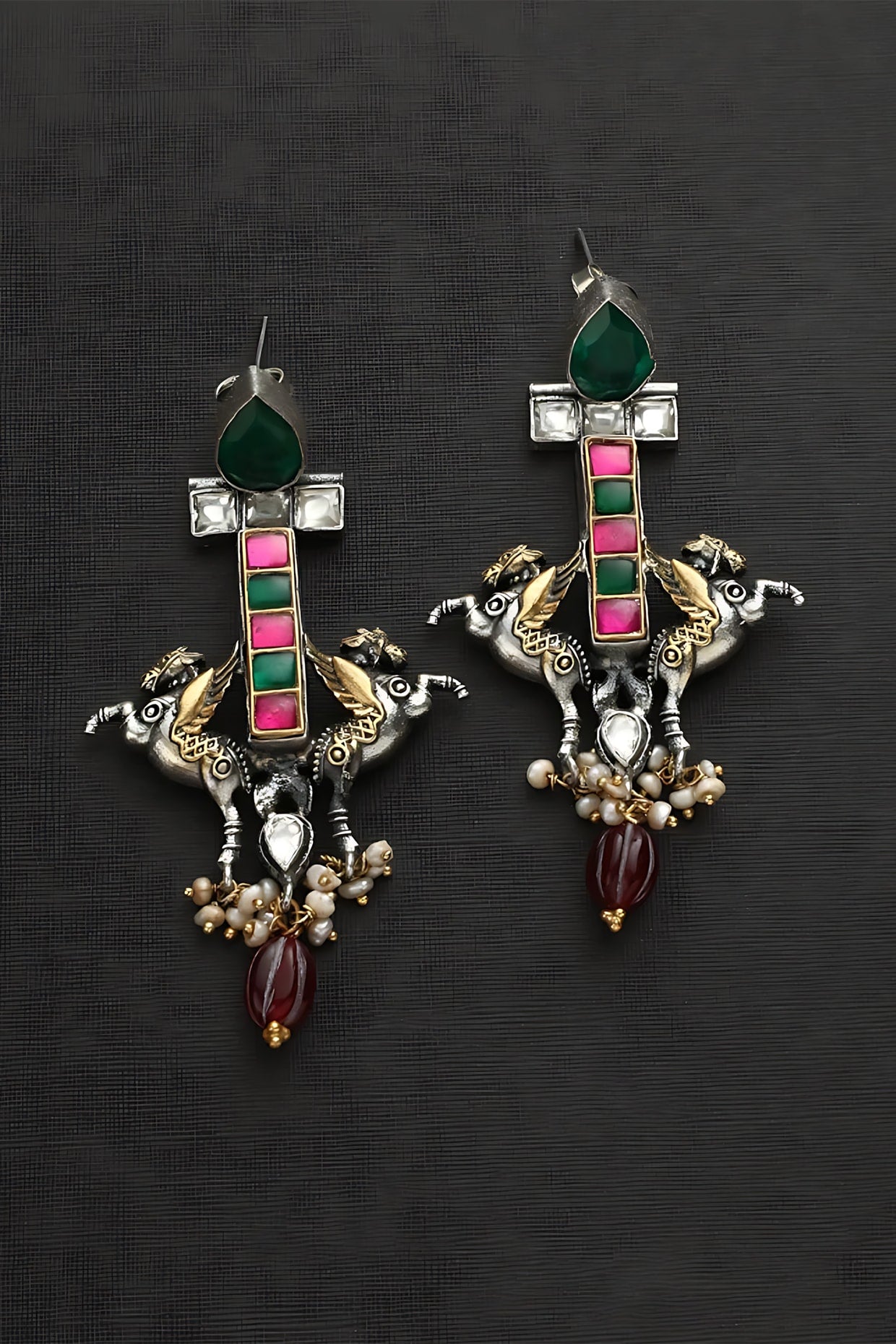 Two Tone Finish Multi-Colored Stone & Kundan Polki Horse Temple Earrings In Sterling Silver