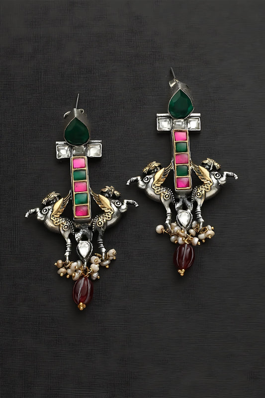 Two Tone Finish Multi-Colored Stone & Kundan Polki Horse Temple Earrings In Sterling Silver