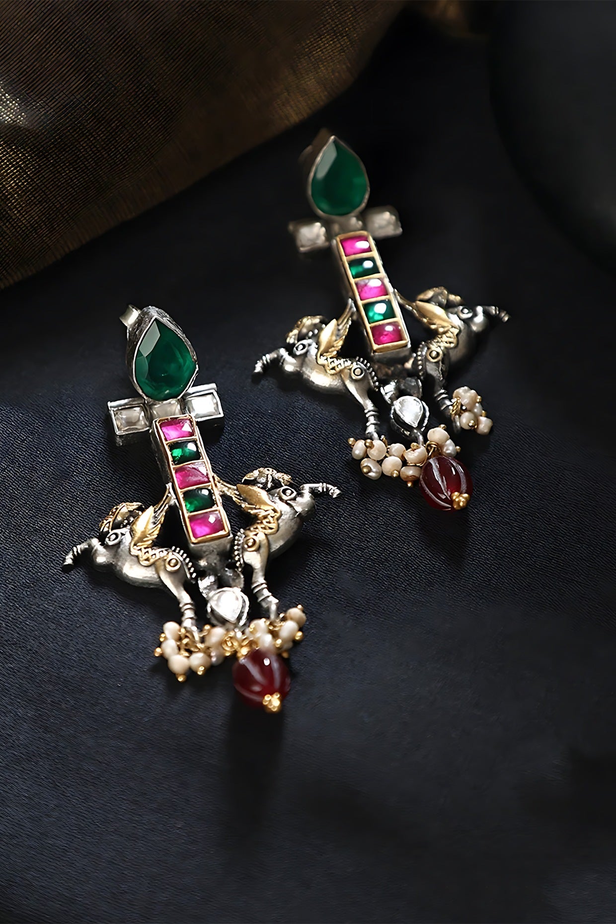 Two Tone Finish Multi-Colored Stone & Kundan Polki Horse Temple Earrings In Sterling Silver