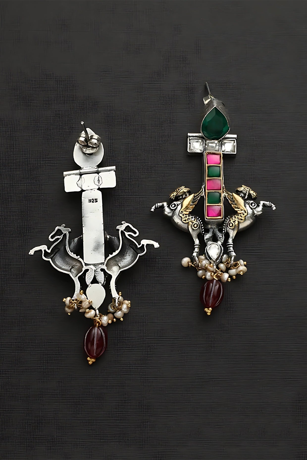 Two Tone Finish Multi-Colored Stone & Kundan Polki Horse Temple Earrings In Sterling Silver