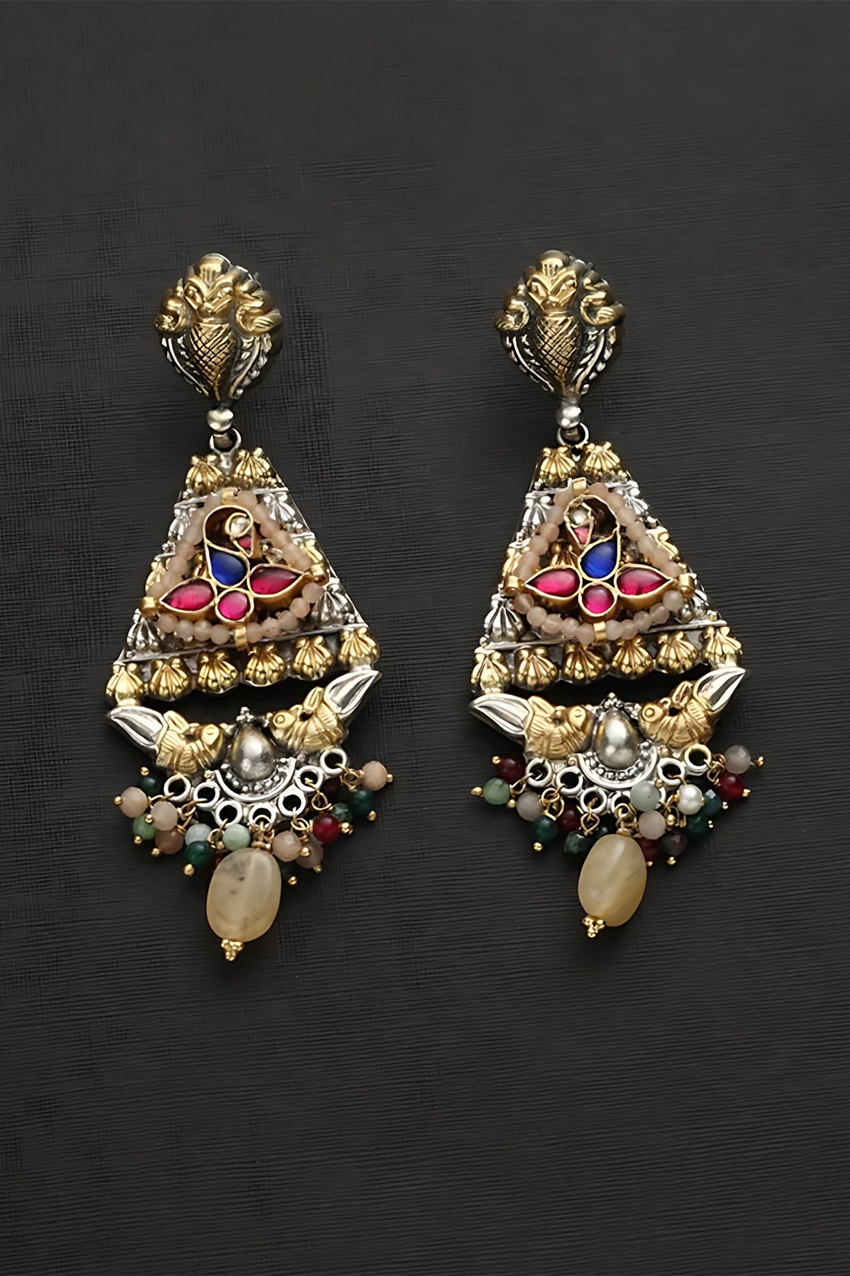 Two Tone Finish Multi-Colored Stone & Kundan Polki Temple Earrings In Sterling Silver