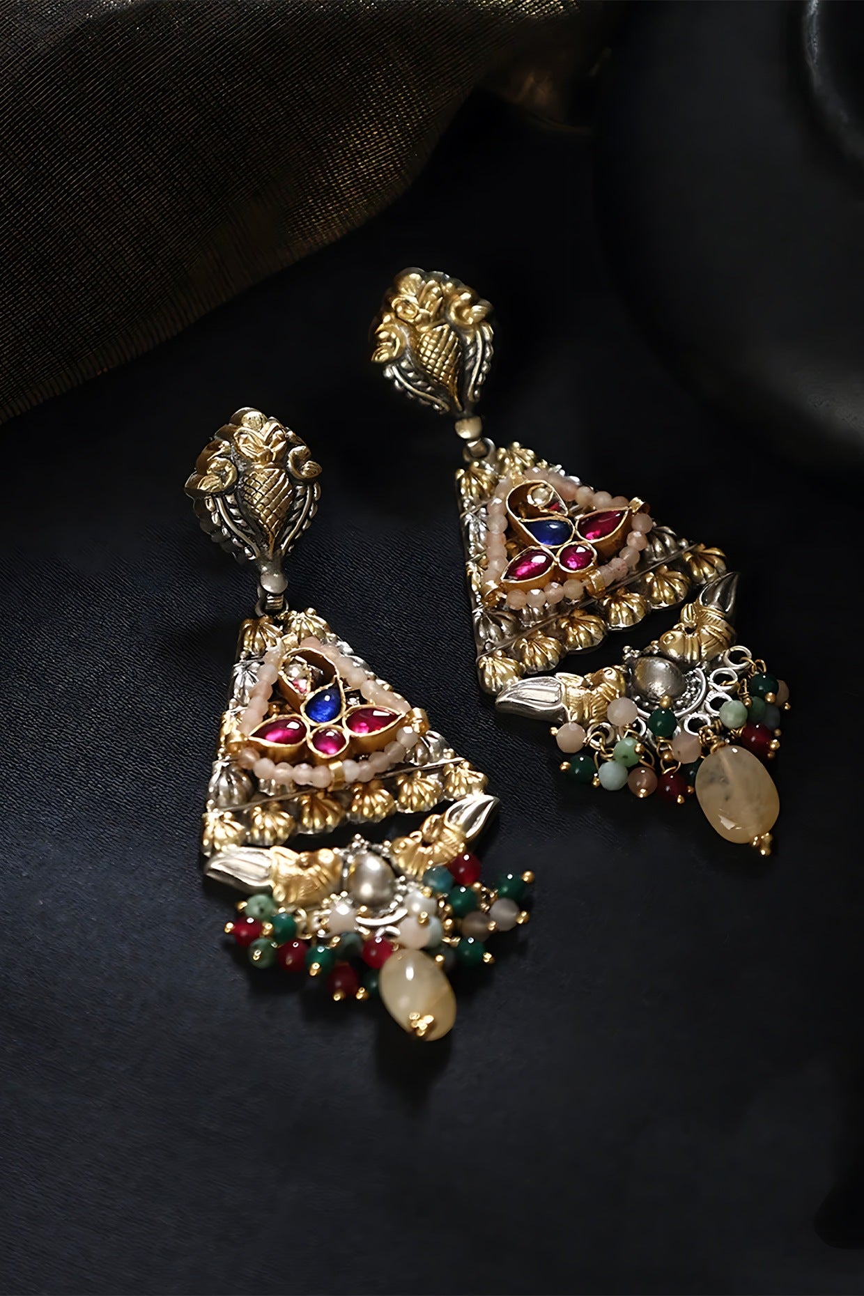 Two Tone Finish Multi-Colored Stone & Kundan Polki Temple Earrings In Sterling Silver