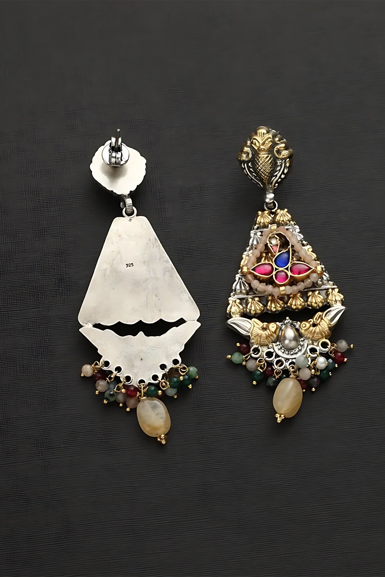 Two Tone Finish Multi-Colored Stone & Kundan Polki Temple Earrings In Sterling Silver