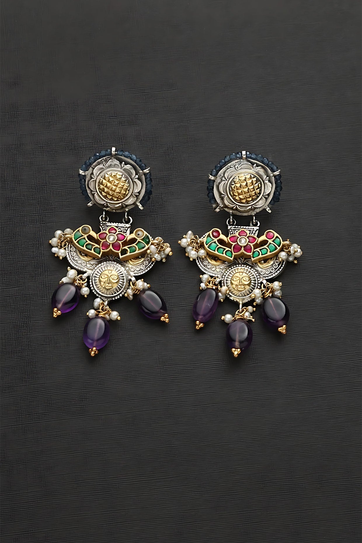 Two Tone Finish Multi-Colored Stone & Kundan Polki Temple Earrings In Sterling Silver