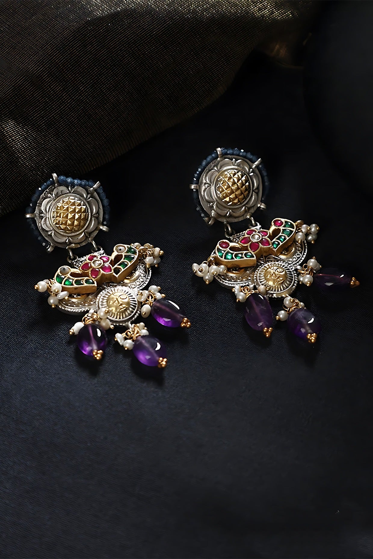 Two Tone Finish Multi-Colored Stone & Kundan Polki Temple Earrings In Sterling Silver