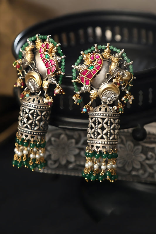 Two Tone Finish Multi-Colored Stone & Kundan Polki Temple Jhumka Earrings In Sterling Silver