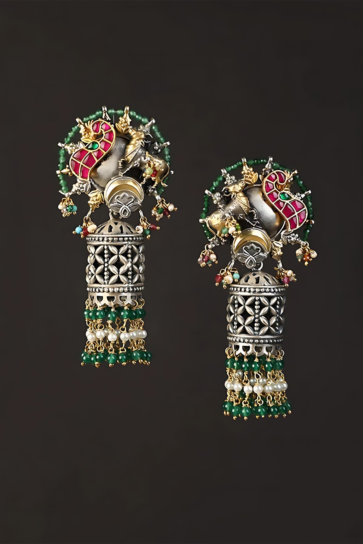 Two Tone Finish Multi-Colored Stone & Kundan Polki Temple Jhumka Earrings In Sterling Silver