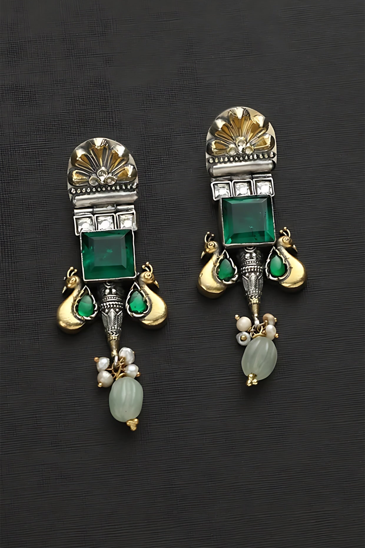 Two Tone Finish Green Kundan Polki Peacock Temple Earrings In Sterling Silver