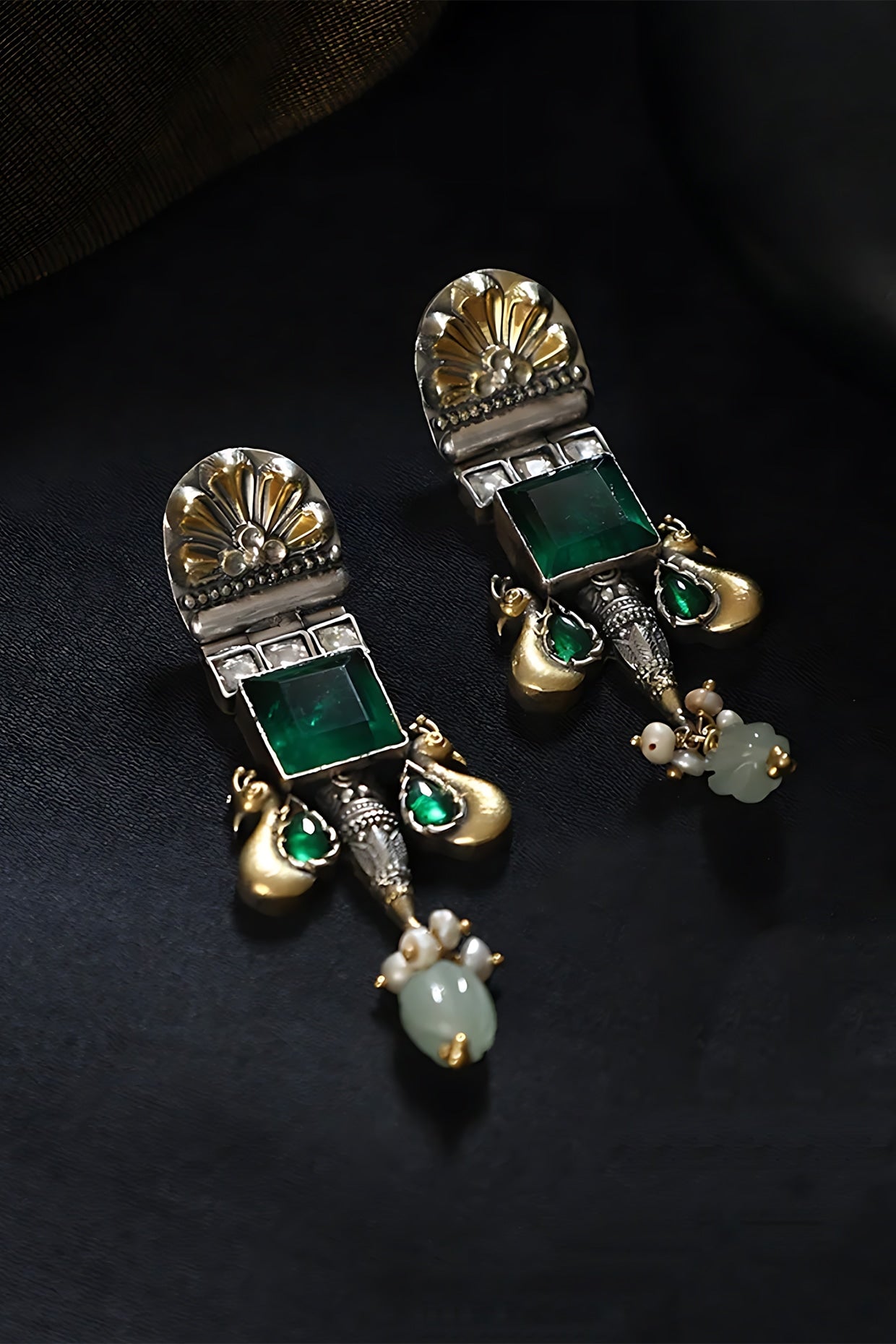 Two Tone Finish Green Kundan Polki Peacock Temple Earrings In Sterling Silver