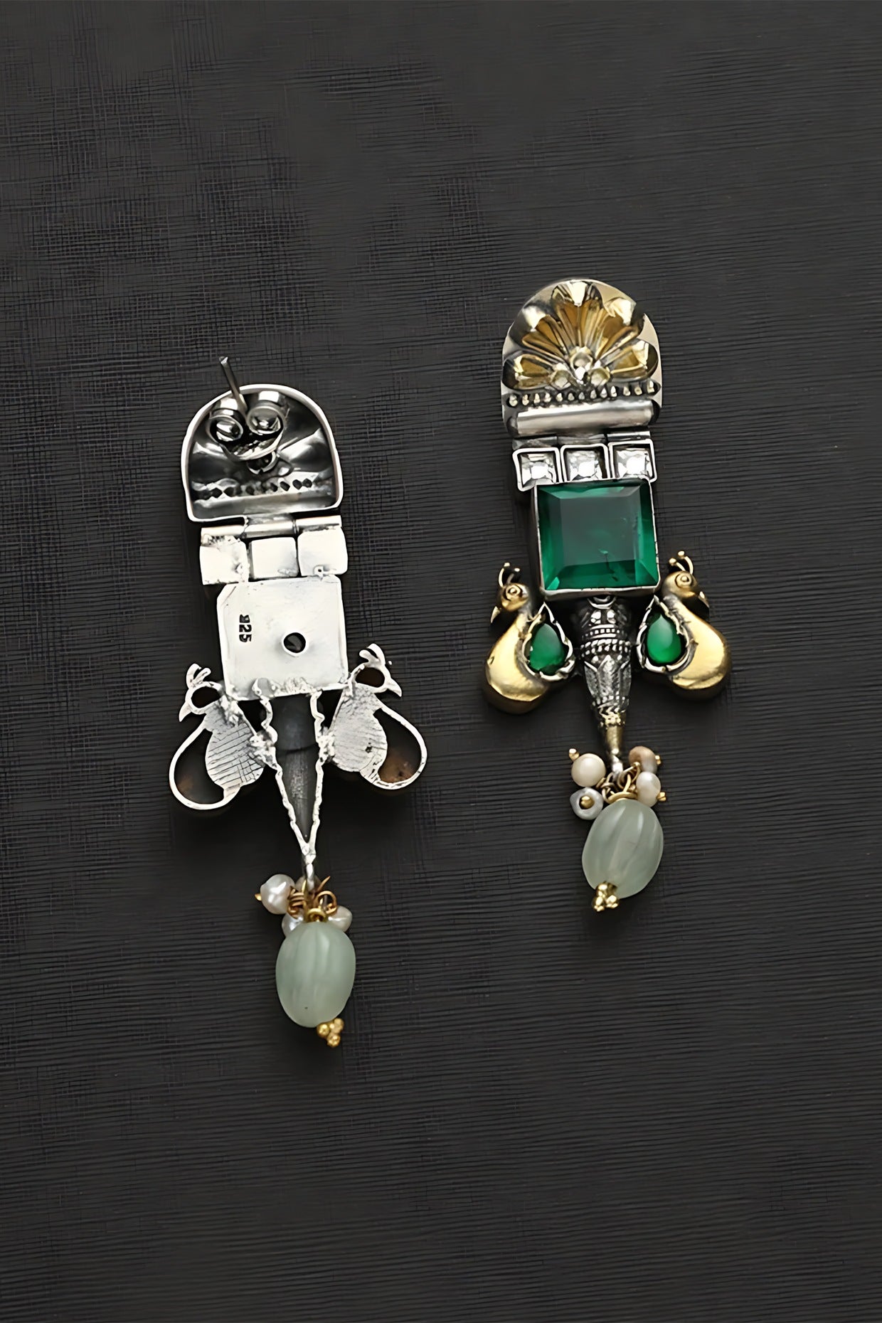 Two Tone Finish Green Kundan Polki Peacock Temple Earrings In Sterling Silver