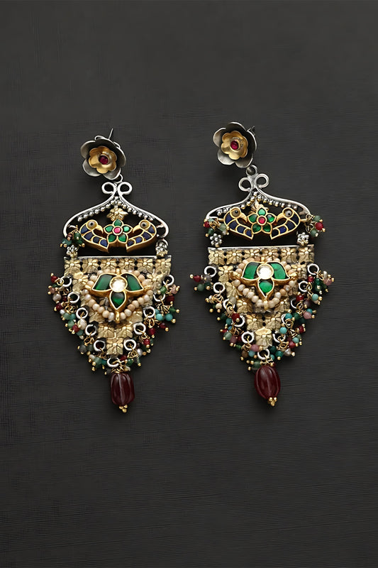 Two Tone Finish Multi-Colored Stone & Kundan Polki Temple Dangler Earrings In Sterling Silver