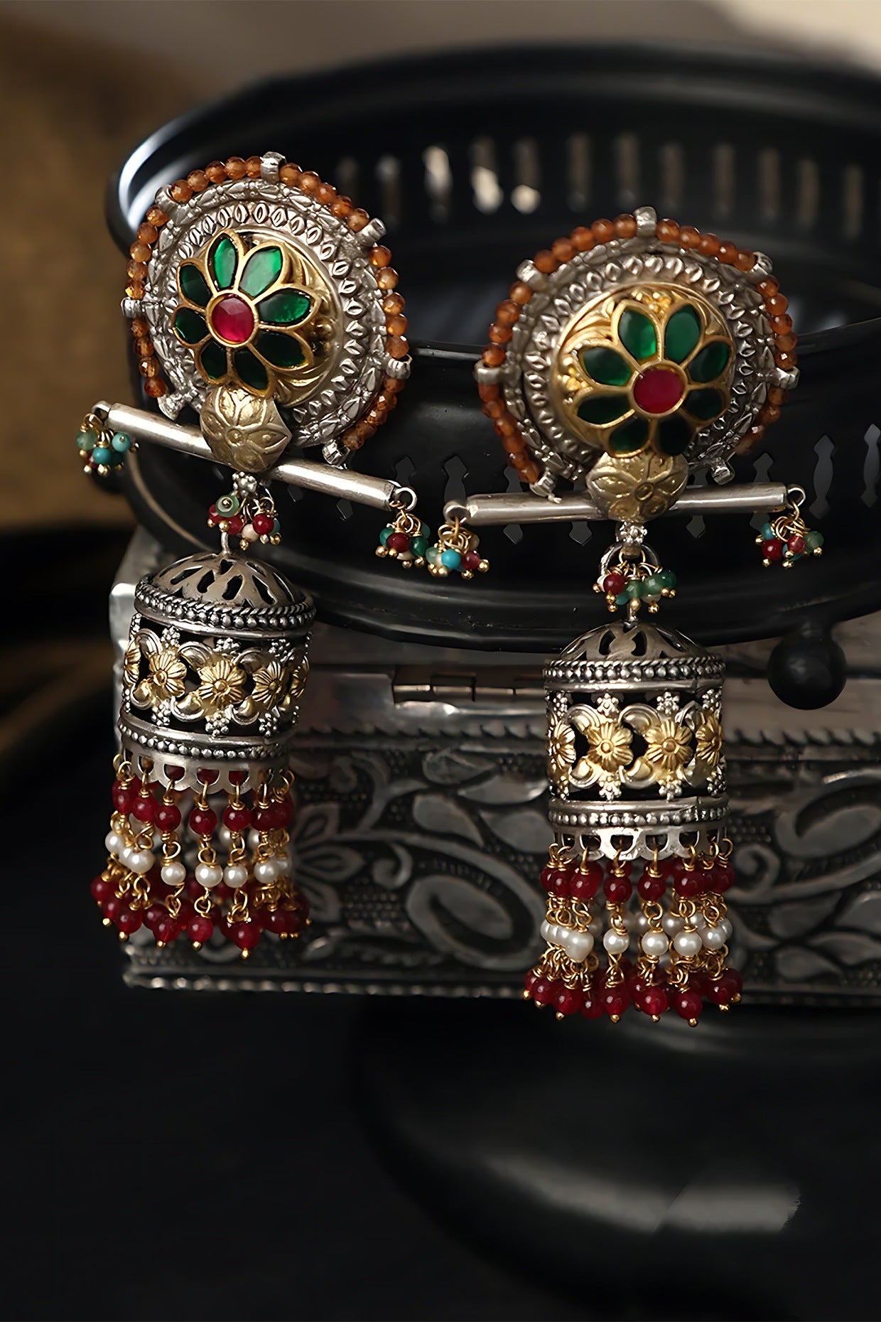 Two Tone Finish Multi-Colored Stone & Kundan Polki Temple Jhumka Earrings In Sterling Silver