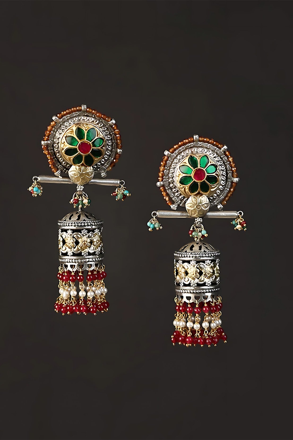 Two Tone Finish Multi-Colored Stone & Kundan Polki Temple Jhumka Earrings In Sterling Silver