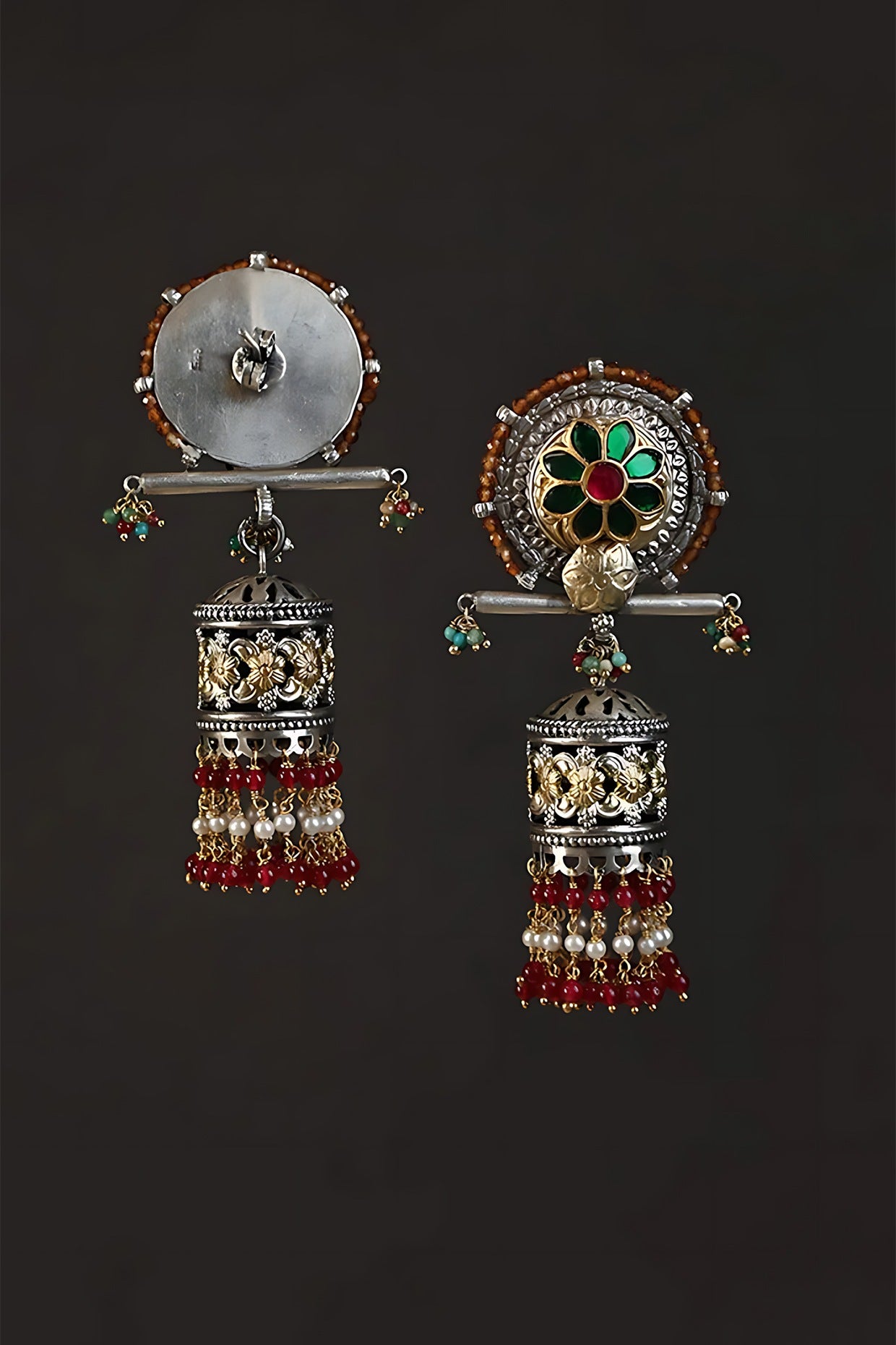 Two Tone Finish Multi-Colored Stone & Kundan Polki Temple Jhumka Earrings In Sterling Silver