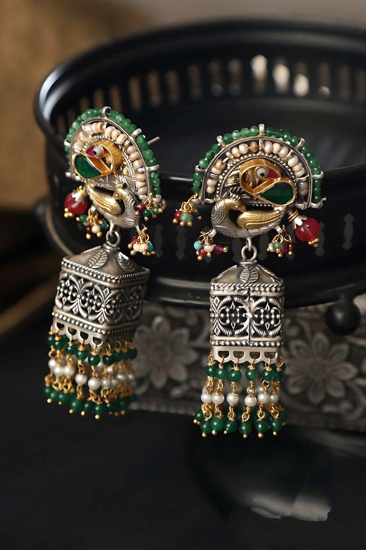 Two Tone Finish Multi-Colored Stone & Kundan Polki Temple Jhumka Earrings In Sterling Silver