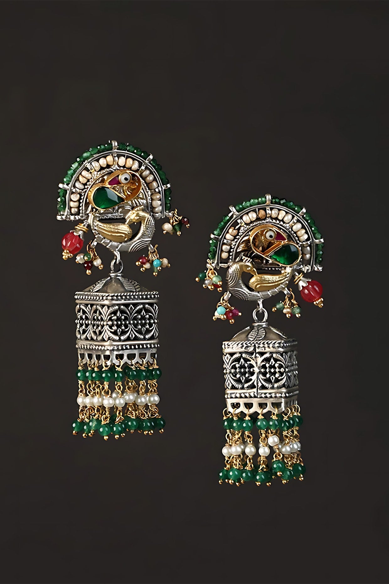 Two Tone Finish Multi-Colored Stone & Kundan Polki Temple Jhumka Earrings In Sterling Silver