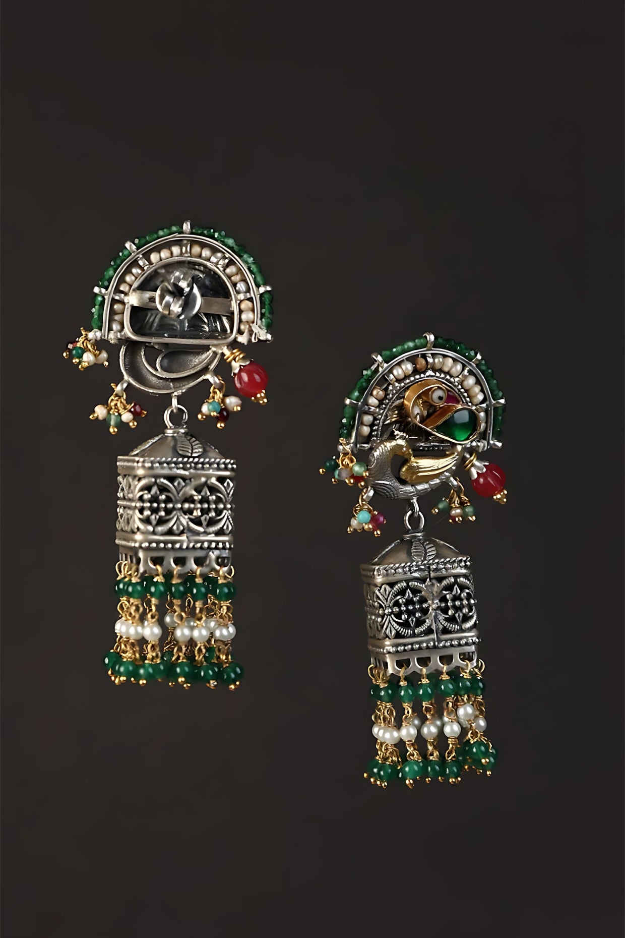 Two Tone Finish Multi-Colored Stone & Kundan Polki Temple Jhumka Earrings In Sterling Silver