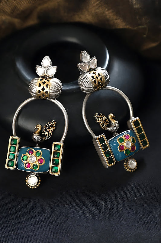 Two Tone Finish Multi-Colored Stone & Kundan Polki Bird Temple Earrings In Sterling Silver