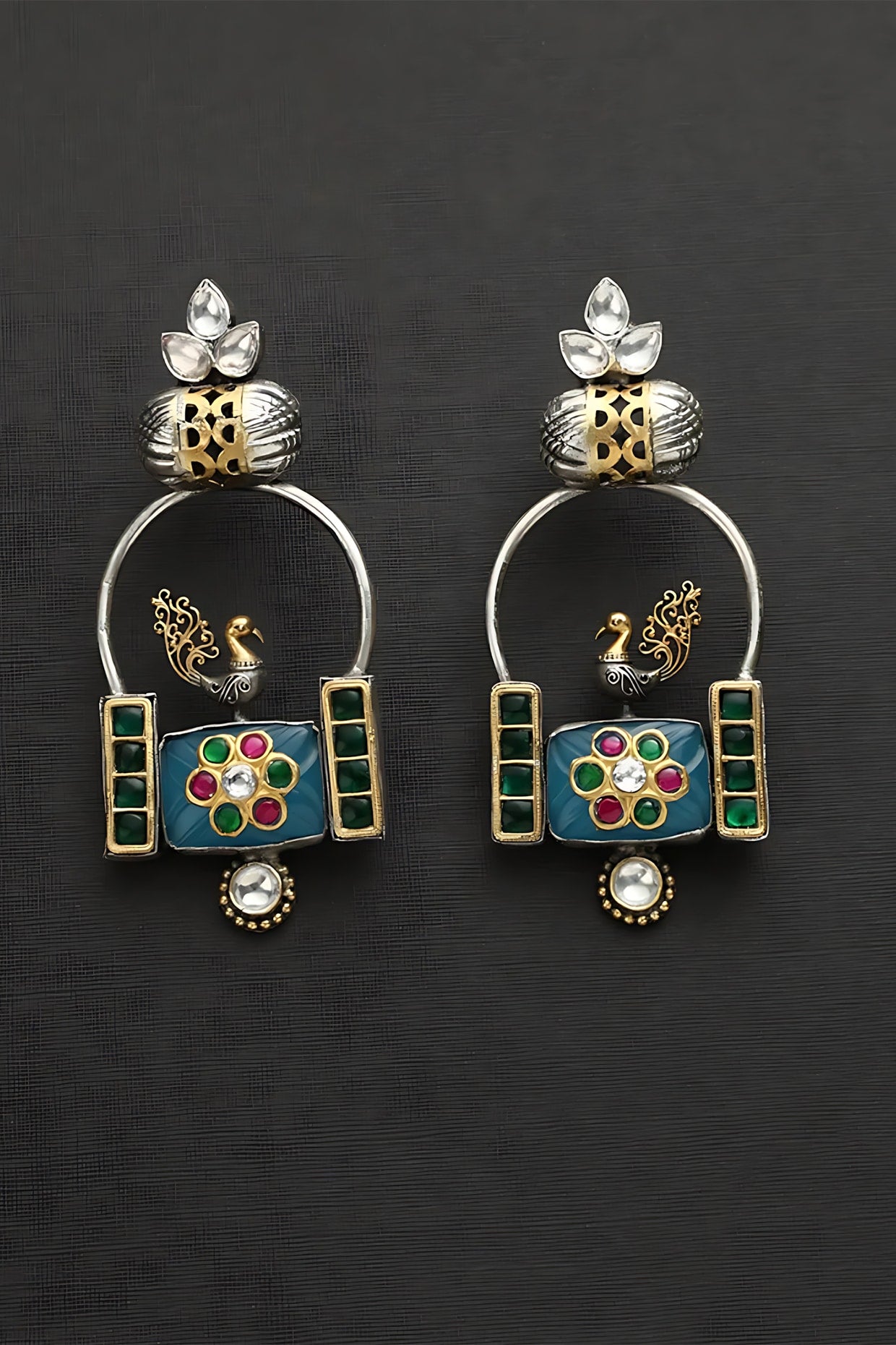 Two Tone Finish Multi-Colored Stone & Kundan Polki Bird Temple Earrings In Sterling Silver