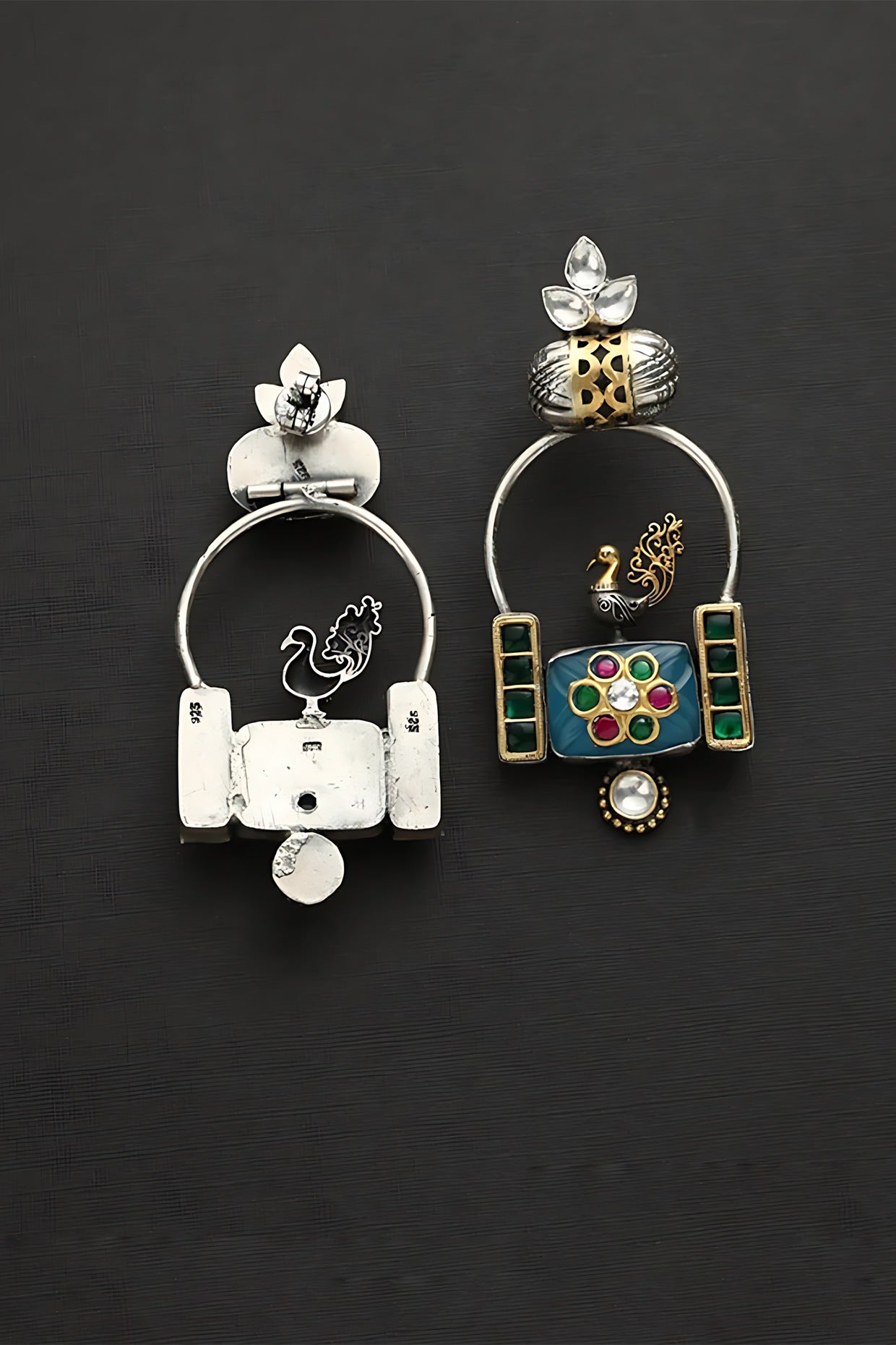 Two Tone Finish Multi-Colored Stone & Kundan Polki Bird Temple Earrings In Sterling Silver