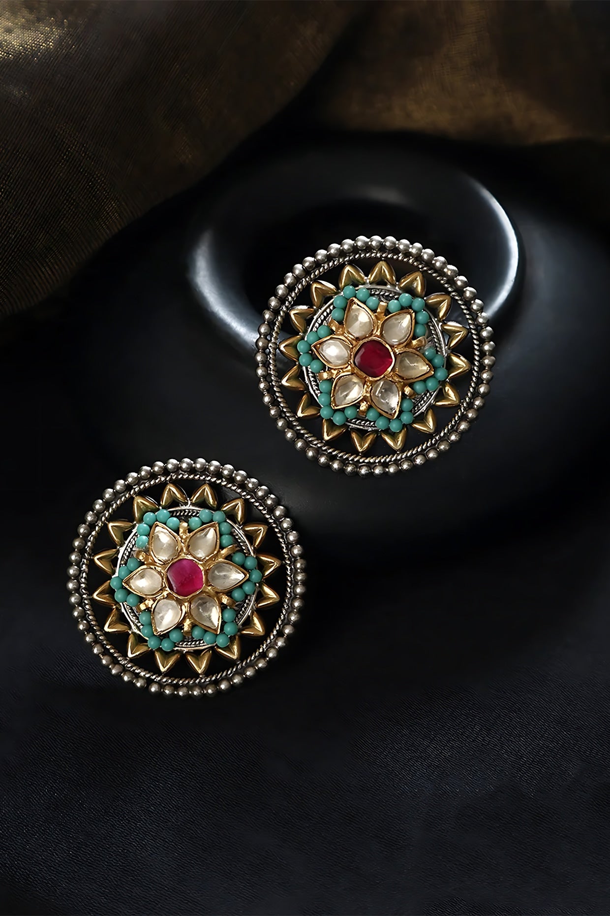 Two Tone Finish Multi-Colored Stone & Kundan Polki Floral Temple Stud Earrings In Sterling Silver