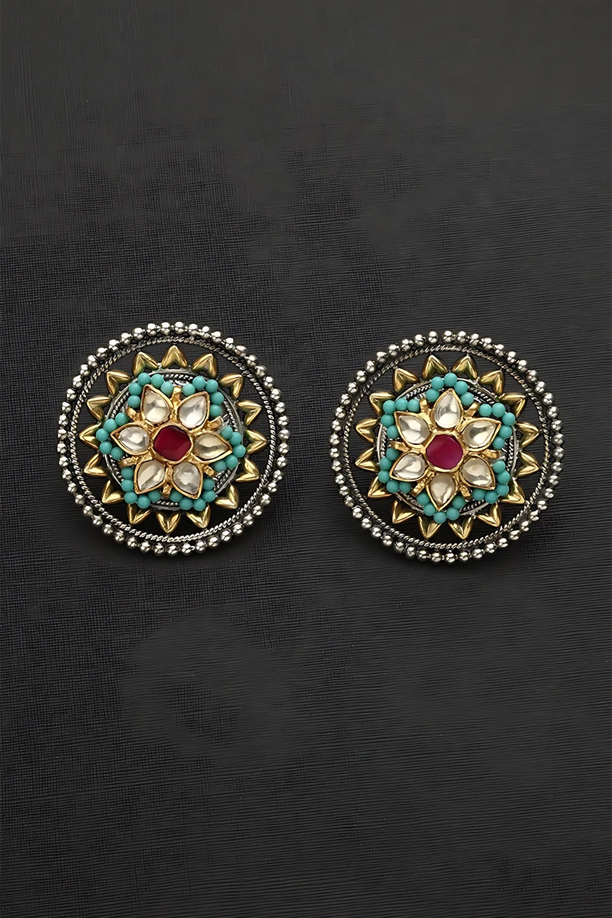 Two Tone Finish Multi-Colored Stone & Kundan Polki Floral Temple Stud Earrings In Sterling Silver