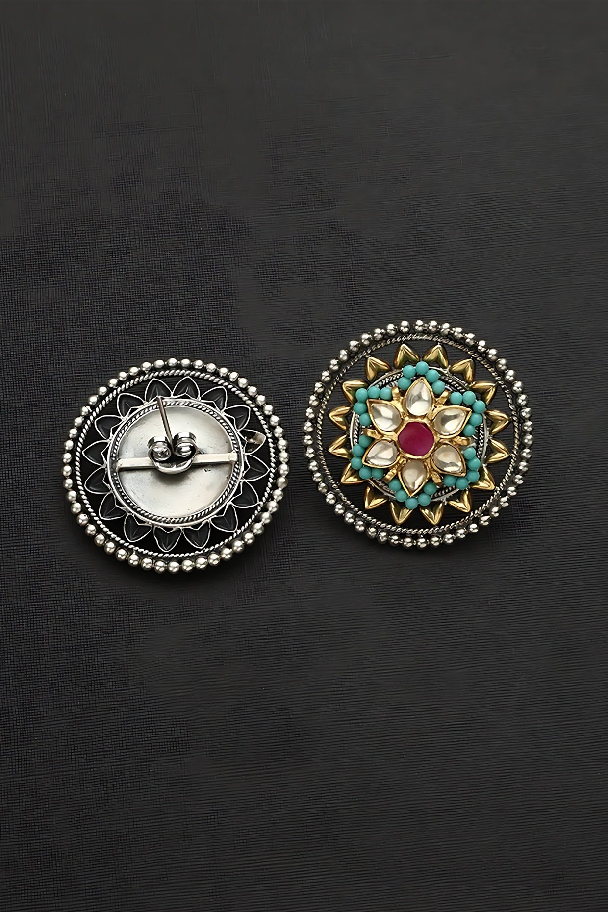 Two Tone Finish Multi-Colored Stone & Kundan Polki Floral Temple Stud Earrings In Sterling Silver