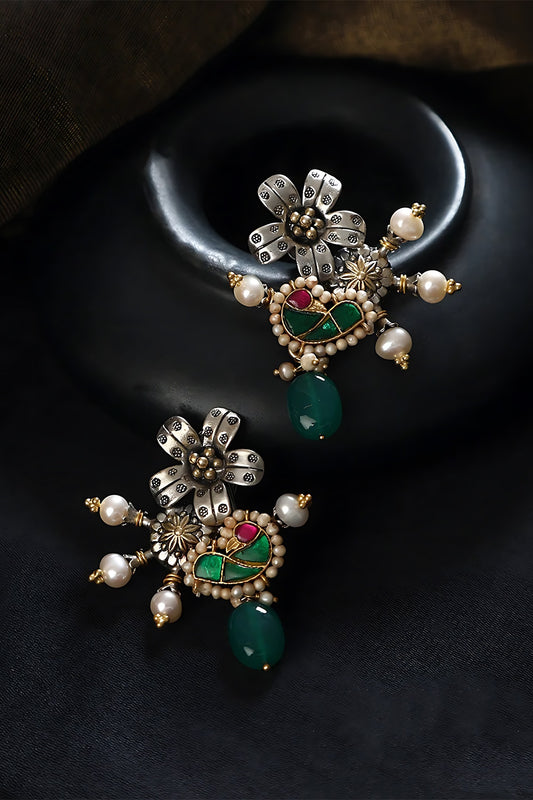 Two Tone Finish Multi-Colored Stone & Kundan Polki Floral Temple Earrings In Sterling Silver