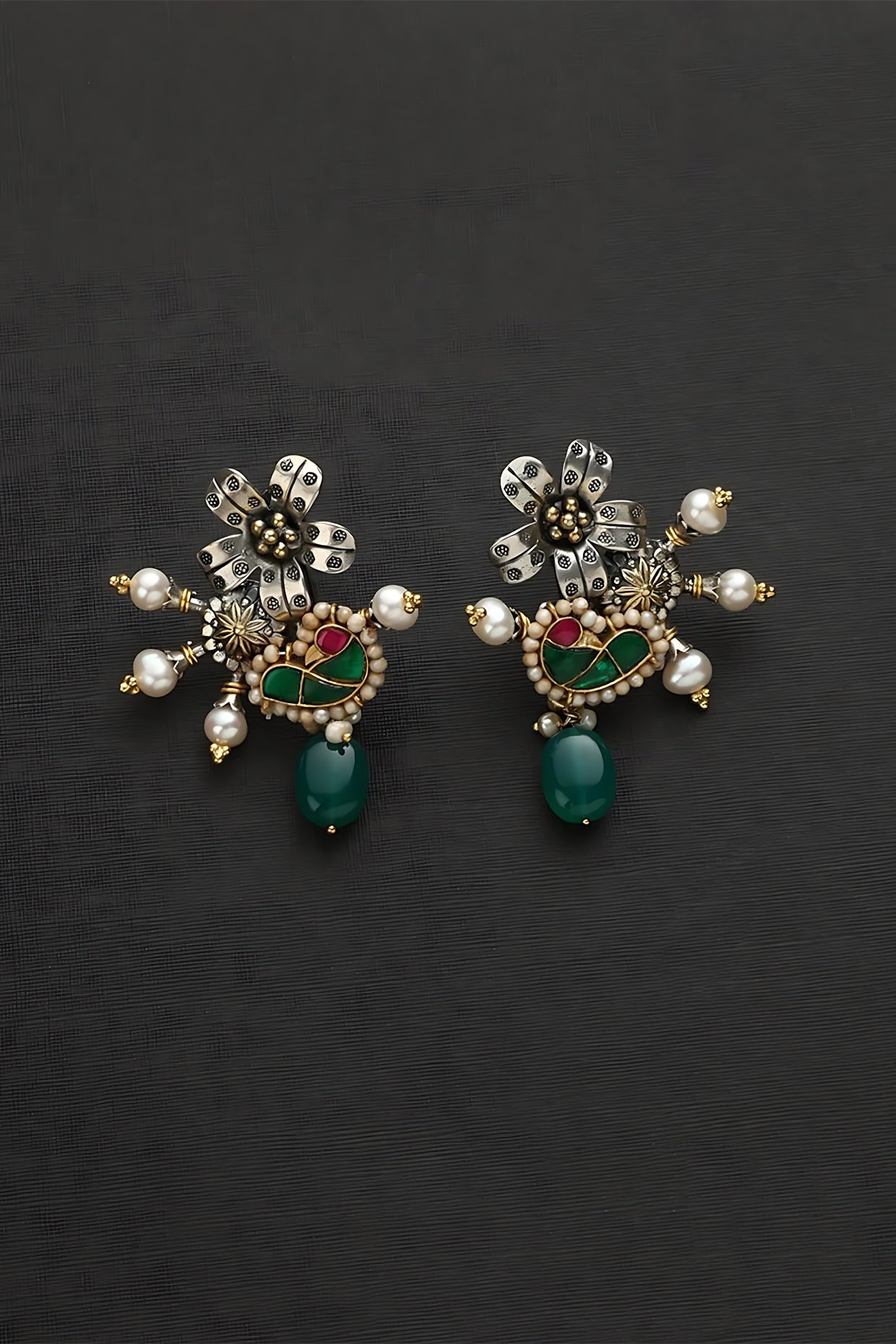 Two Tone Finish Multi-Colored Stone & Kundan Polki Floral Temple Earrings In Sterling Silver