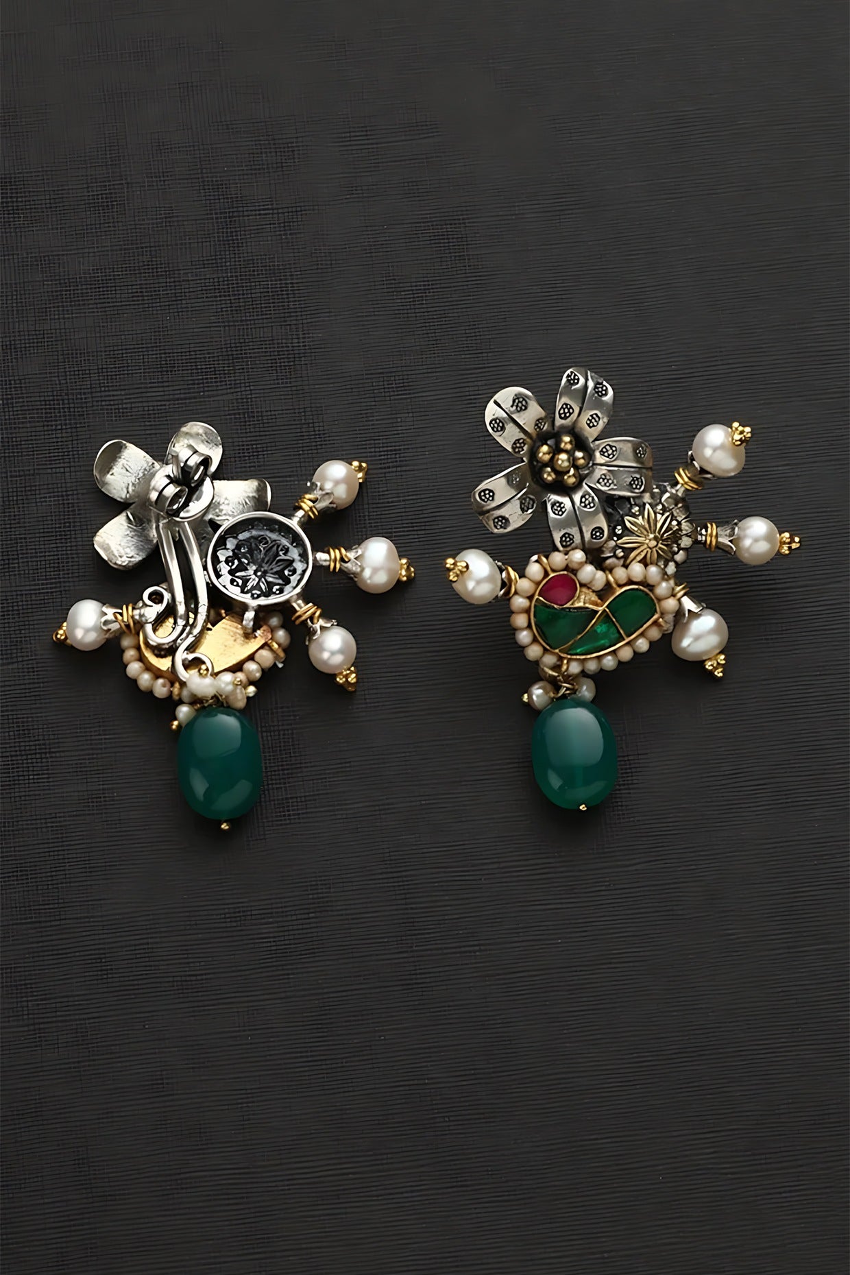 Two Tone Finish Multi-Colored Stone & Kundan Polki Floral Temple Earrings In Sterling Silver