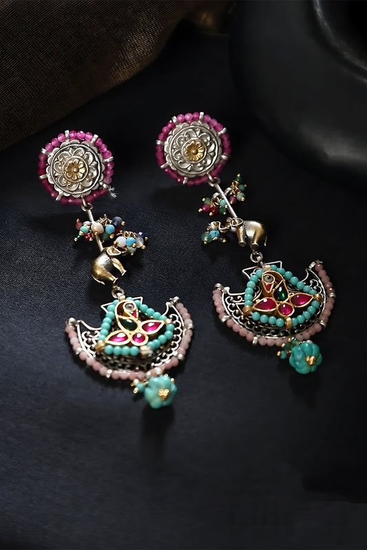 Two Tone Finish Multi-Colored Stone & Kundan Polki Temple Dangler Earrings In Sterling Silver