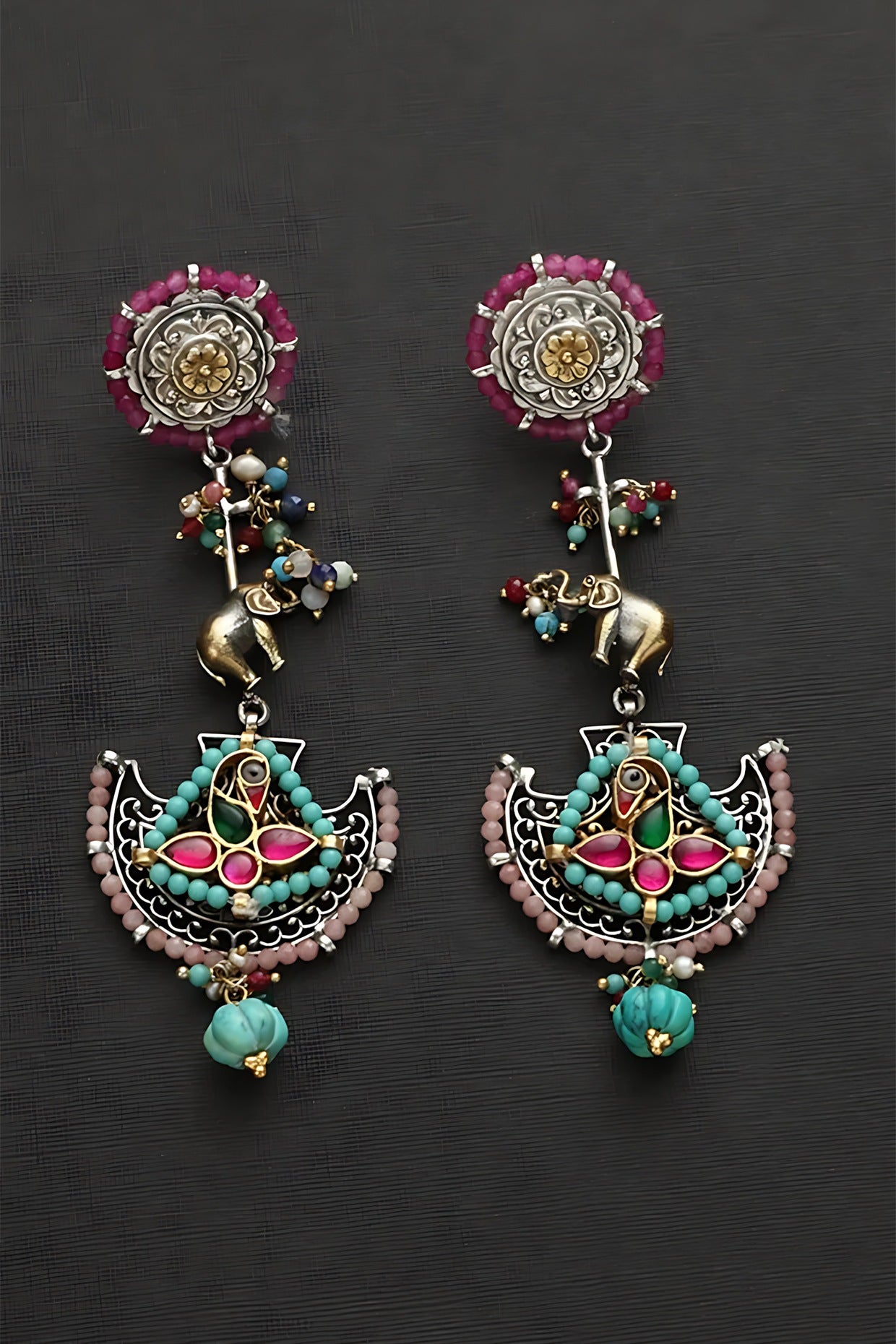 Two Tone Finish Multi-Colored Stone & Kundan Polki Temple Dangler Earrings In Sterling Silver