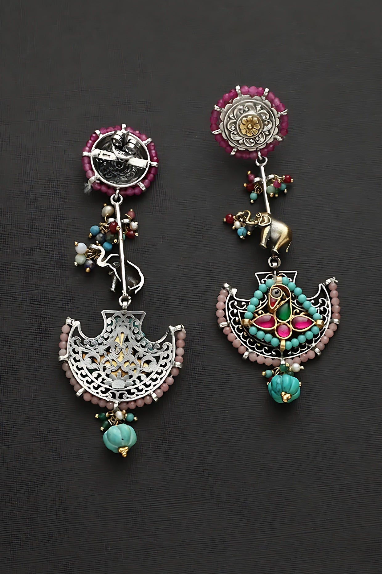 Two Tone Finish Multi-Colored Stone & Kundan Polki Temple Dangler Earrings In Sterling Silver