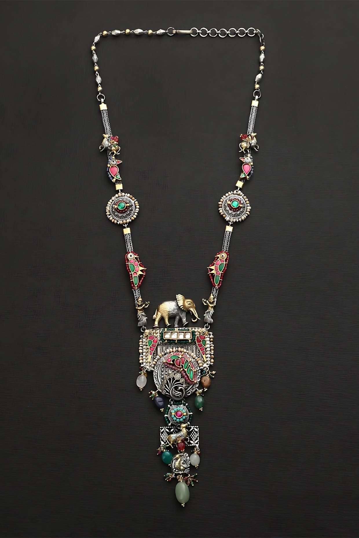 Two Tone Finish Multi-Colored Stone & Kundan Polki Temple Necklace In Sterling Silver